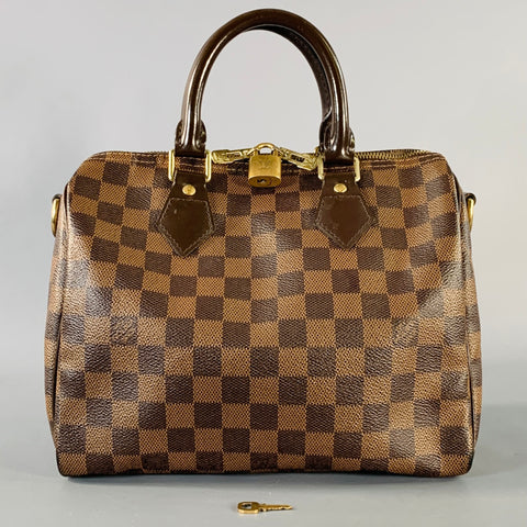 LOUIS VUITTON Ebene Speedy Bandouliere 25 Brown Tan Damier Leather Trim Canvas Handbag