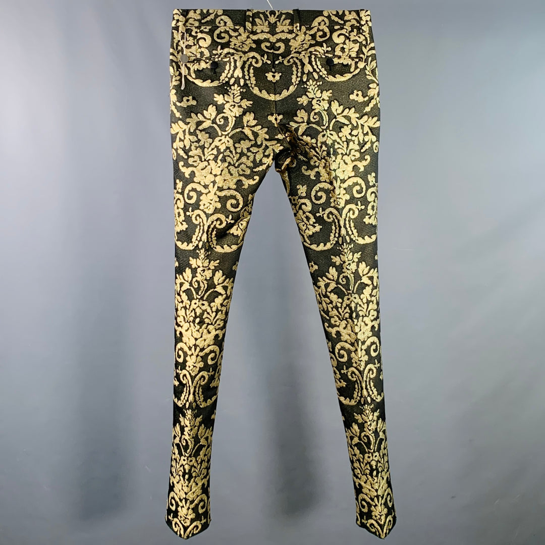 DOLCE & GABBANA Size 30 Black Gold Brocade Polyester Cotton Dress Pants