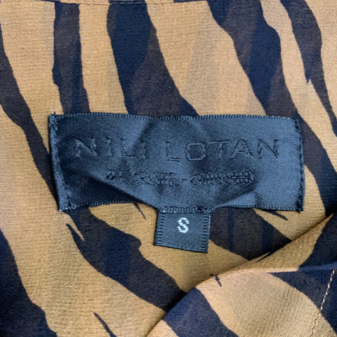 NILI LOTAN Size S Black Brown Silk Animal Print Bishop Sleeve Bow Blouse