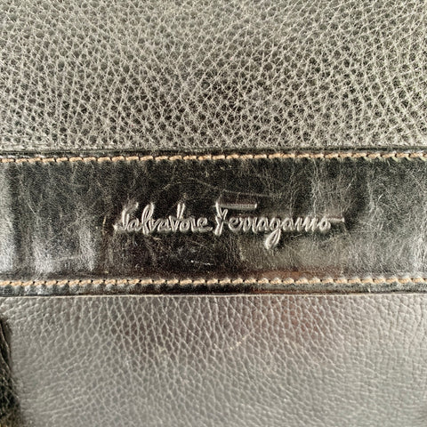 SALVATORE FERRAGAMO Black Pebble Grain Leather Double Buckle Messenger Bag