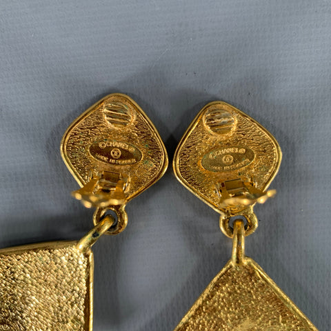 CHANEL Gold Tone Quilted Logo Clip-On Earrings