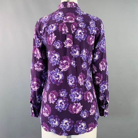 SALVATORE FERRAGAMO Size 6 Purple White Crepe Floral Hidden Buttons Shirt