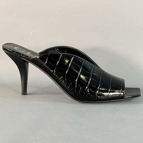 GUCCI Size 9.5 Black Croc Embossed Leather Mules Pumps