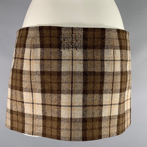 MIU MIU Size 2 Beige Brown Wool Blend Plaid Leather Mini Skirt