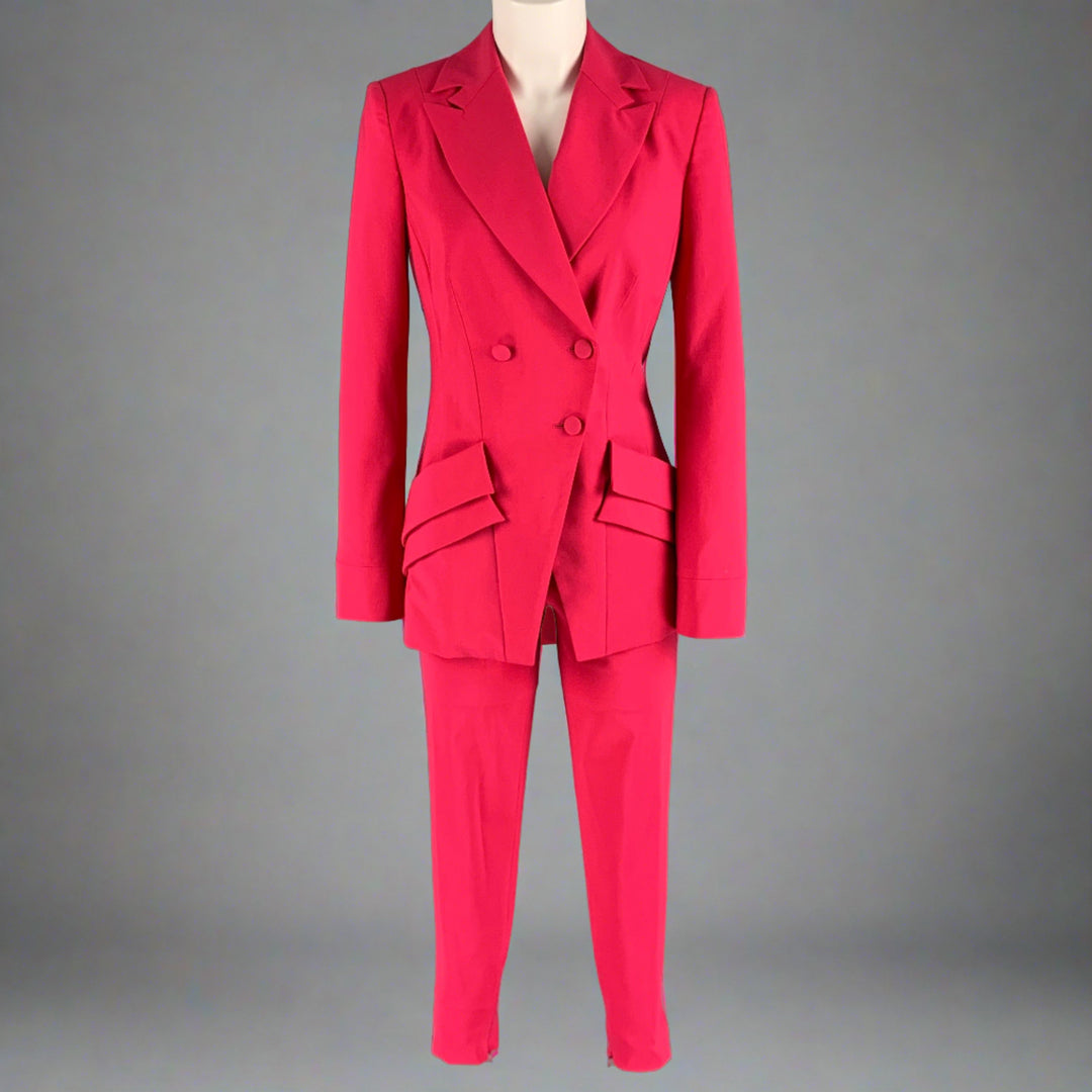 LA PERLA Size 4 Pink Fuchsia Wool Eastane Double Breasted Pants Suit