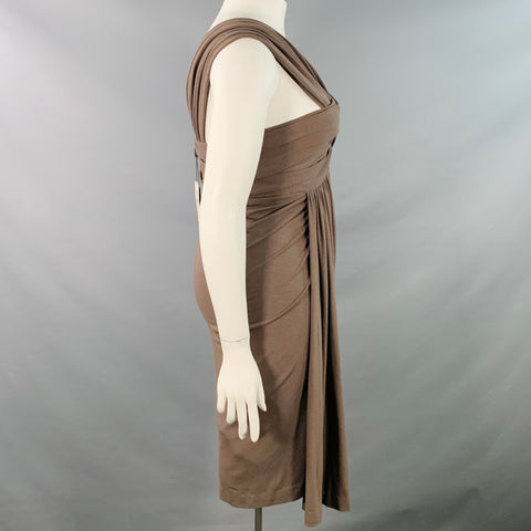 DONNA KARAN Size L Brown Wool Jersey Ruched Sleeveless Midi Dress