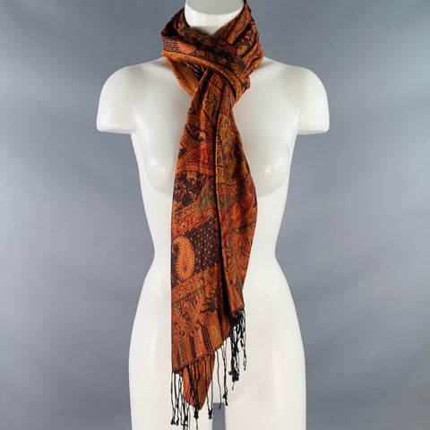 VINTAGE Orange Black Paisley Jacquard Fringe Scarf Shawl