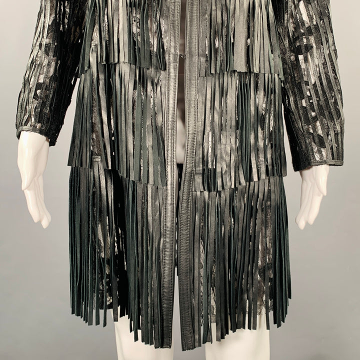 CABAN ROMANTIC Size 8 Black Lace Leather Fringed Coat