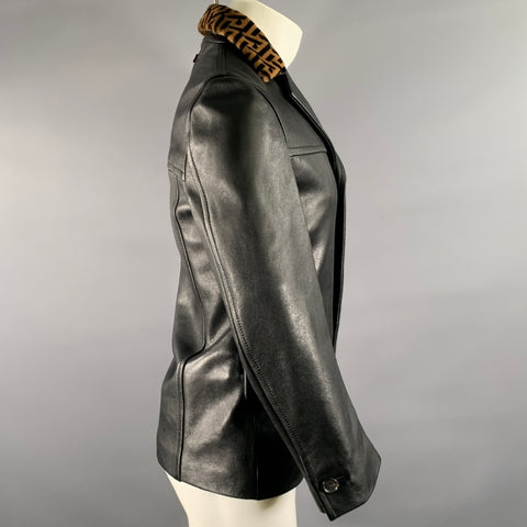 VERSACE Size 36 Black Camel Lambskin Leather Furr Collar Notch Lapel Jacket