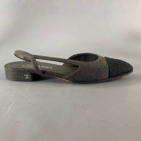 CHANEL Size 8.5 Charcoal Navy Wool Leather Trim Classic Flats