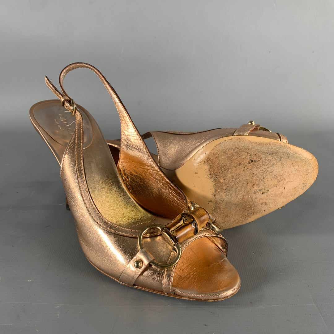 GUCCI Size 6.5 Gold Rose Metallic Ankle Strap Pumps