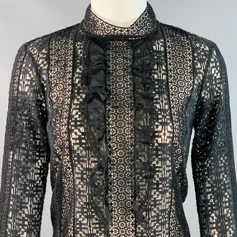OSCAR DE LA RENTA Size 2 Black Cotton Lace Mock Neck Bell Sleeves Blouse