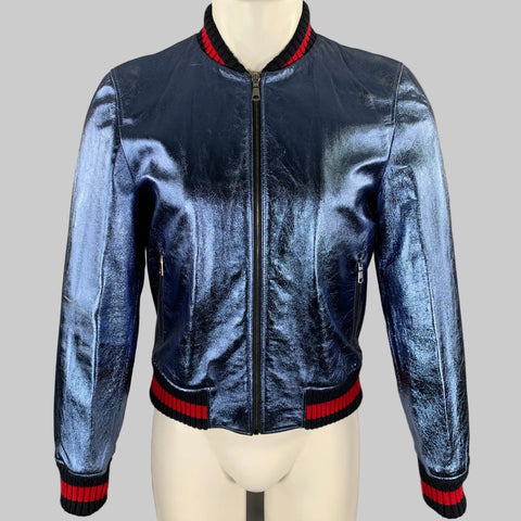GUCCI Size 36 Blue Metallic Stripe Leather Bomber Jacket
