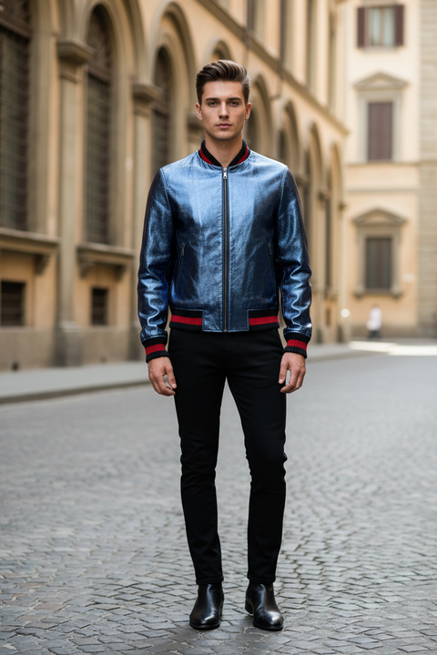 GUCCI Size 36 Blue Metallic Stripe Leather Bomber Jacket