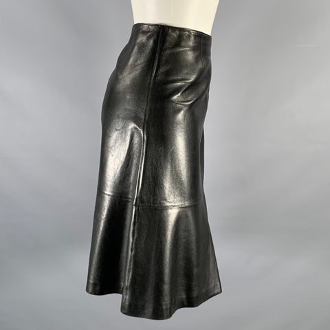 CHANEL Size 6 Black Leather Trumpet Below Knee Skirt
