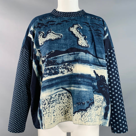 45rpm Size S Indigo Blue Cotton Mixed Patterns Print Blouse