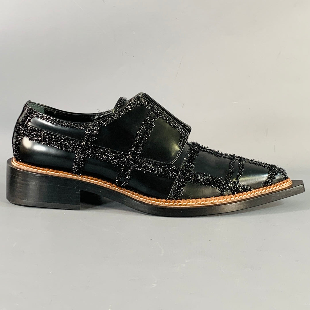 SIMONE ROCHA Size 8 Black Tinsel Embellishment Leather Slip On Loafers