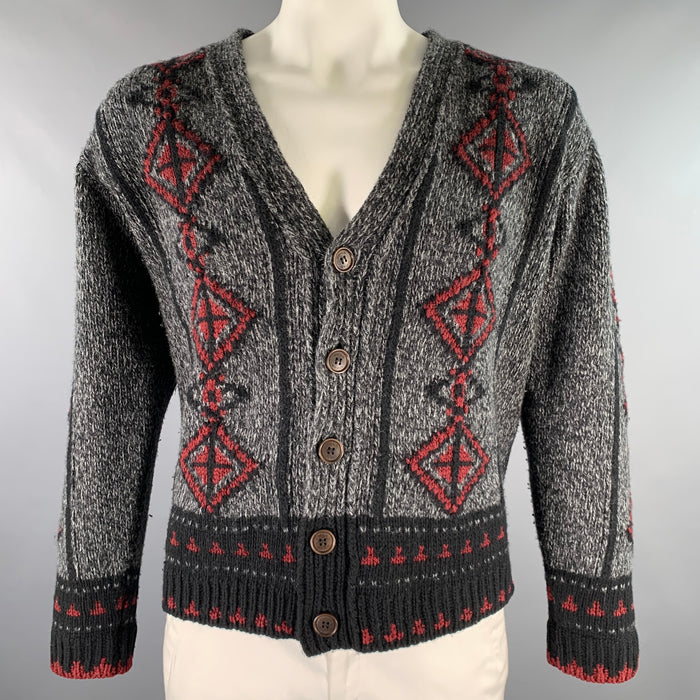 ETRO Size XL Grey Black Red Knitted Wool Blend Buttoned Cardigan