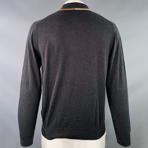 PAUL SMITH Size L Grey Contrast Trim Cotton Merino Wool Long Sleeve Polo