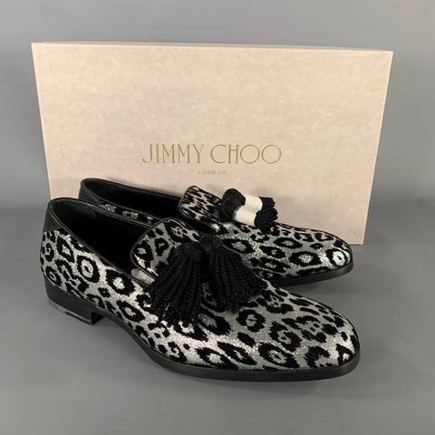 JIMMY CHOO Foxley Size 7 Silver Black Medusa Jacquard Tassels Loafers