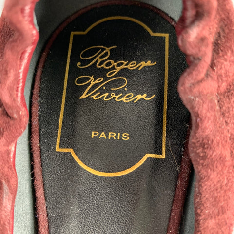 ROGER VIVIER Size 10 Burgundy Silver Buckle Suede Flats