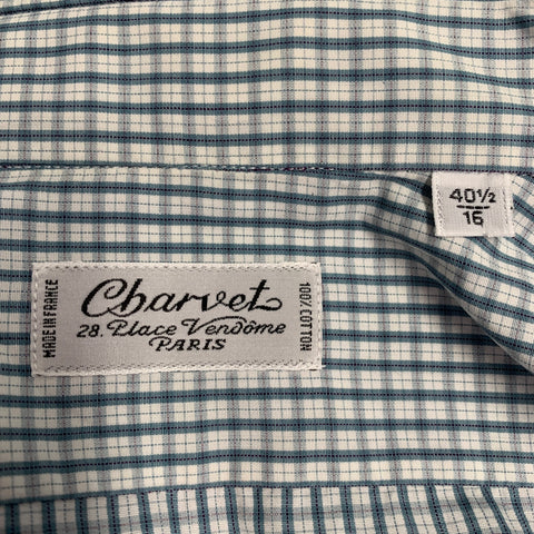 CHARVET Size M White Green Grey Checkered Cotton Long Sleeve Shirt