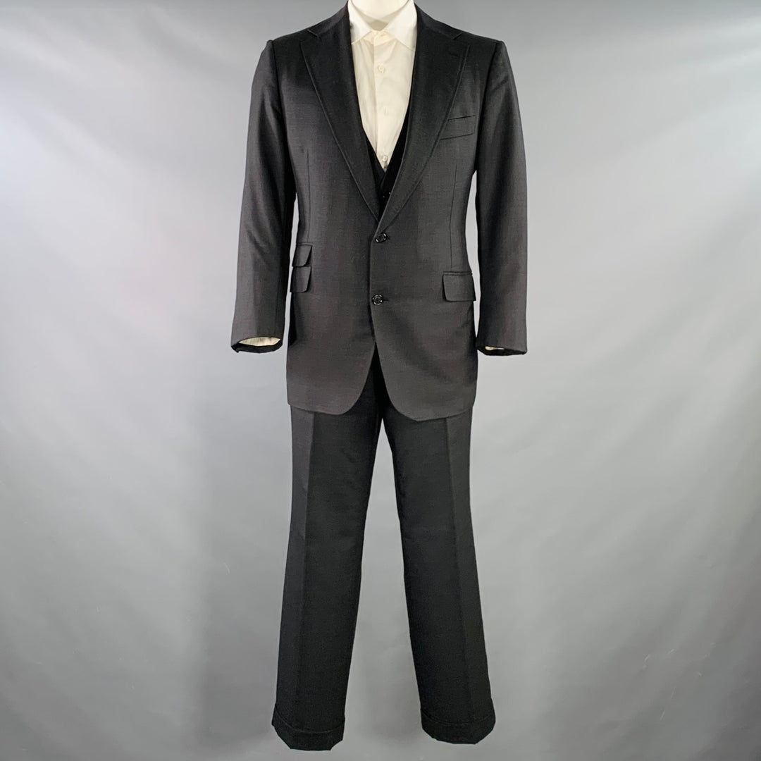 ASTOR & BLACK Size 44 Black Twill Single Breasted Notch Lapel 3 Piece Suit