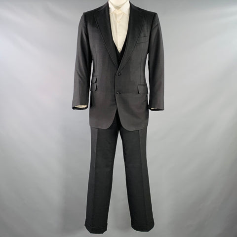 ASTOR & BLACK Size 44 Black Twill Single Breasted Notch Lapel 3 Piece Suit