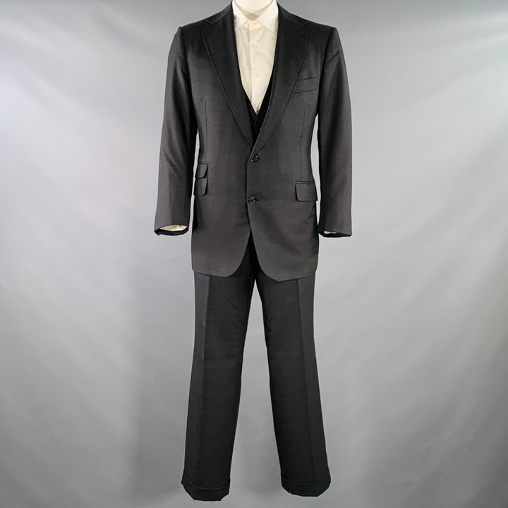 ASTOR & BLACK Size 44 Black Twill Single Breasted Notch Lapel 3 Piece Suit