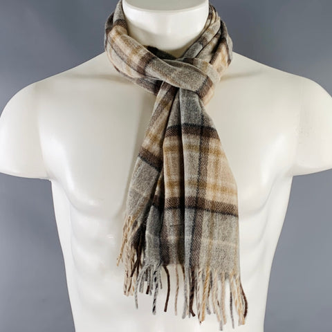 O'CONNELL'S Beige Grey Plaid Cashmere Fringe Scarf