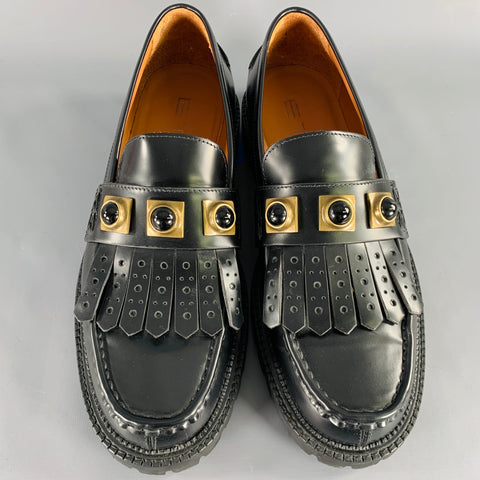ETRO Size 12 Black Gold Studded Leather Moccasin Loafers