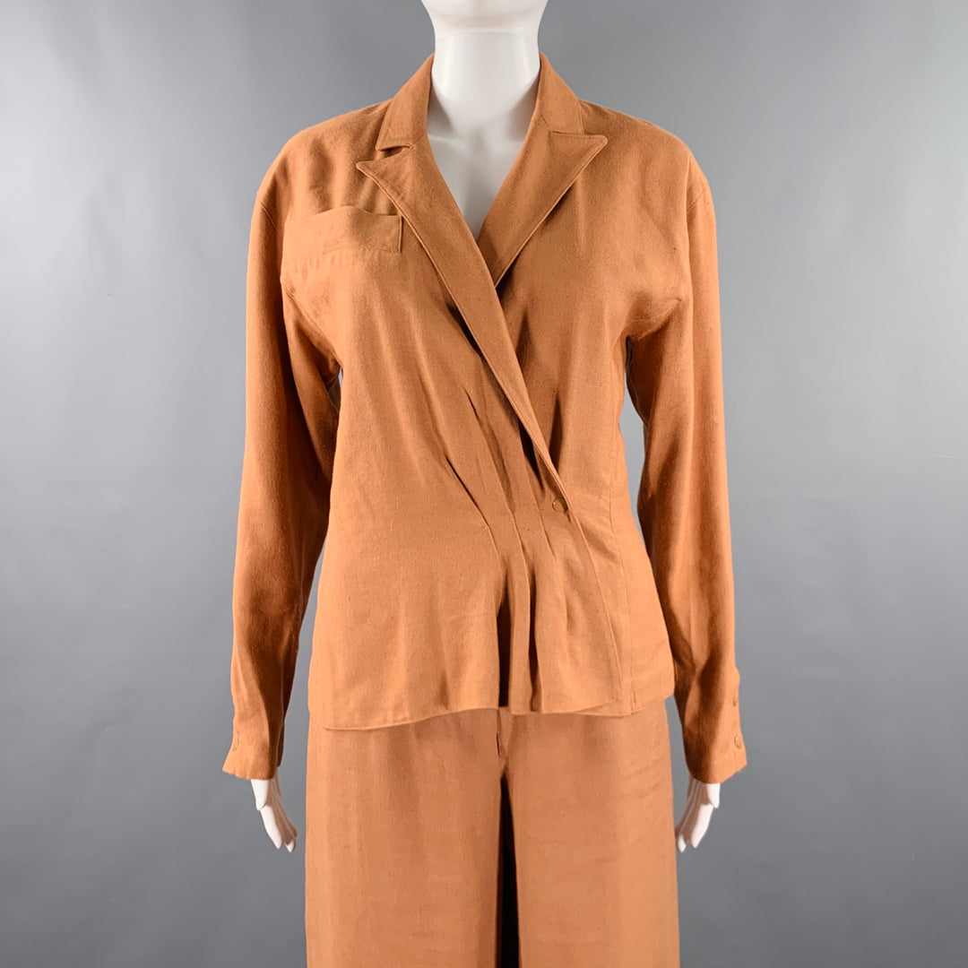 CLAUDE MONTANA Size 4 Brown Linen Blend Pleated Flat Front Pants Suit
