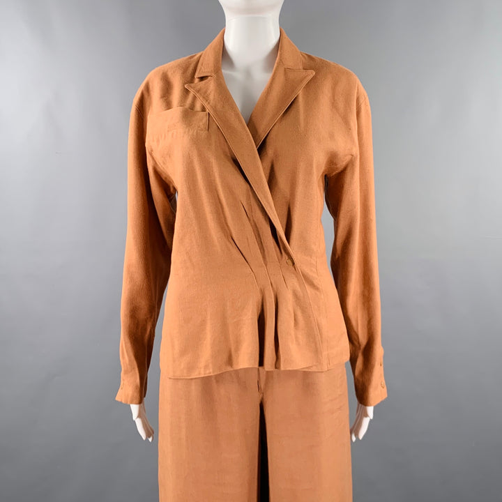 CLAUDE MONTANA Size 4 Brown Linen Blend Pleated Flat Front Pants Suit