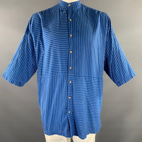 CHEMISE NEUVE TAILLE L À MANCHES COURTES EN COTON RAYÉ BLEU ET BLANC