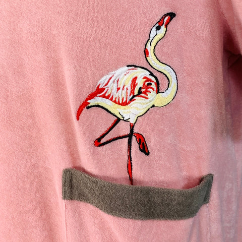 TOMBOLO Size XL Flamingo Tartare Pink Taupe Applique Organic Cotton 1/4 Zip Short Sleeve Shirt