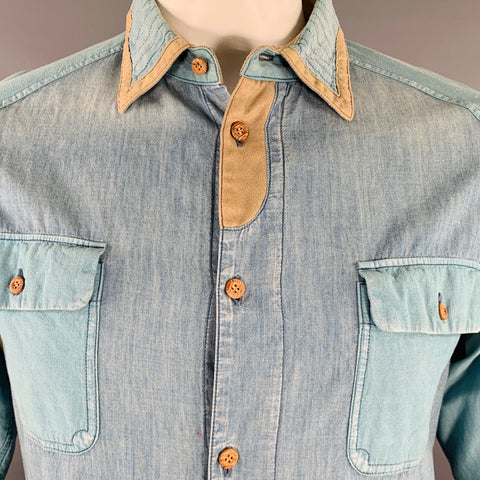 WHITE MOUNTAINEERING Size L Light Blue Color Block Cotton Long Sleeve Shirt