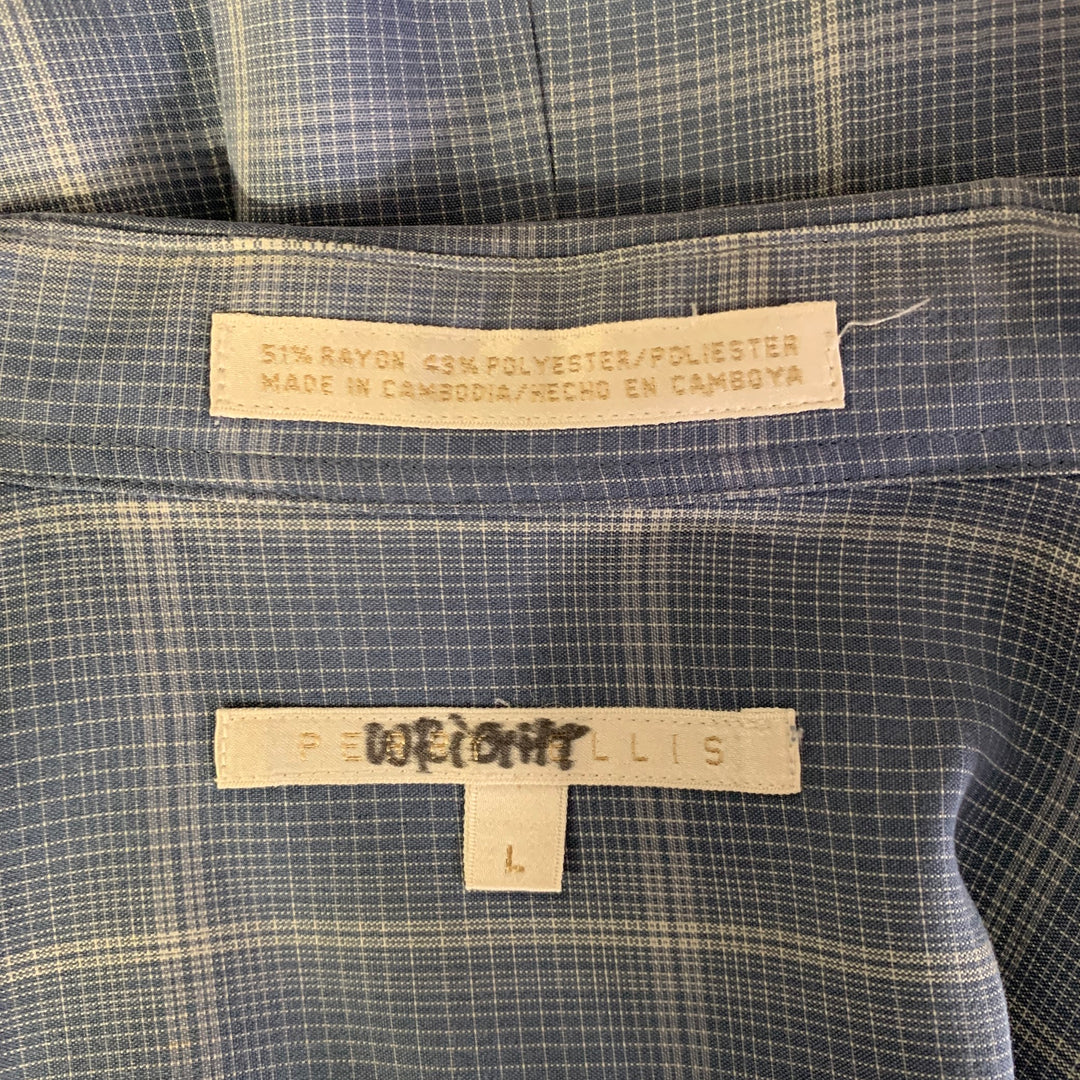 PERRY ELLIS Size L Blue Grey Plaid Rayon Blend Pointed Collar Short Sleeve Shirt