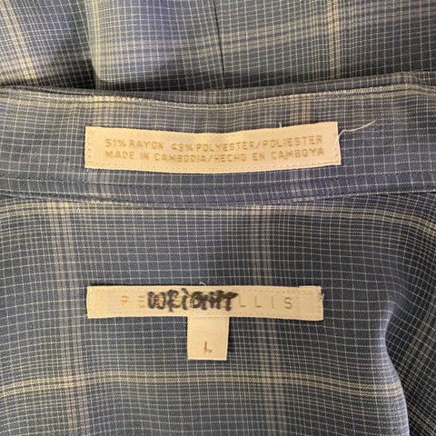 PERRY ELLIS Size L Blue Grey Plaid Rayon Blend Pointed Collar Short Sleeve Shirt