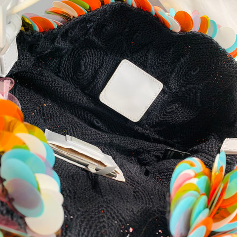 FENDI Rare Multi Color White Sequined Paillettes Leather Baguette Handbag
