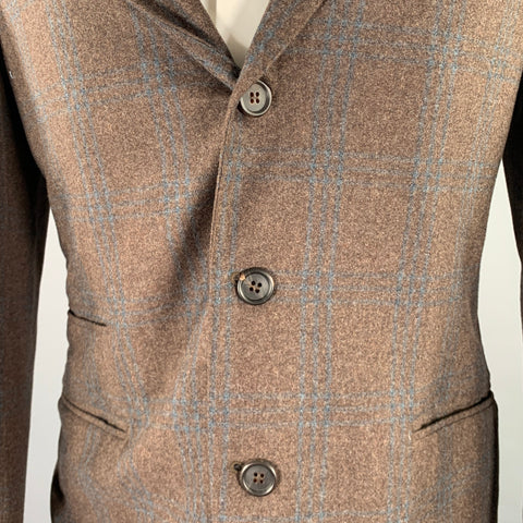 BRUNELLO CUCINELLI Size 38 Brown Blue Plaid Notch Lapel Sport Coat