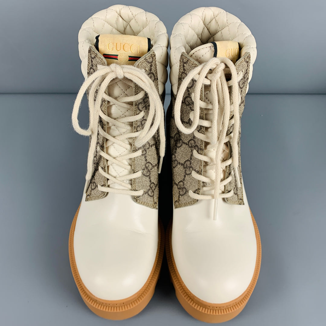 GUCCI Size 8 Cream Brown Leather Monogram Chunky Heel Boots