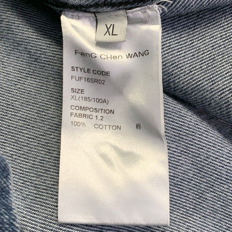 FENG CHEN WANG Size XL Black Indigo Patchwork Cotton Short Sleeve Shirt