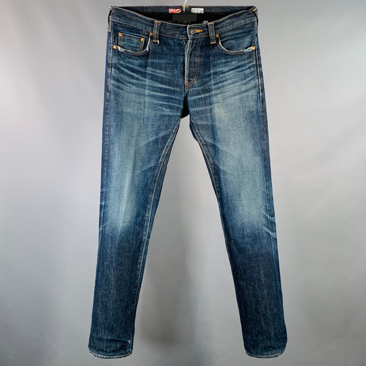 PRPS NOIR Size 33 Indigo Washed Selvedge Denim Straight Distressed Jeans