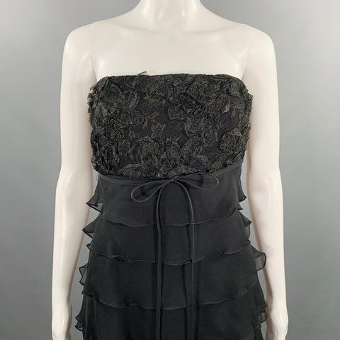 SHAWN RAY FONS Size 6 Black Silk Lace Ruffle Long Cocktail Dress