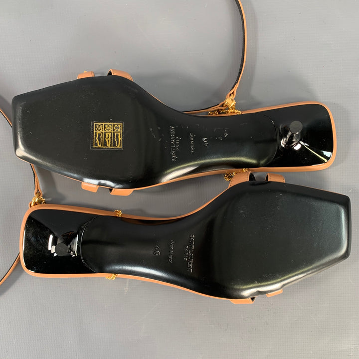 SAINT LAURENT Size 10 Melody Tan Leather Chain Ankle Strap Kitten Heel Sandals