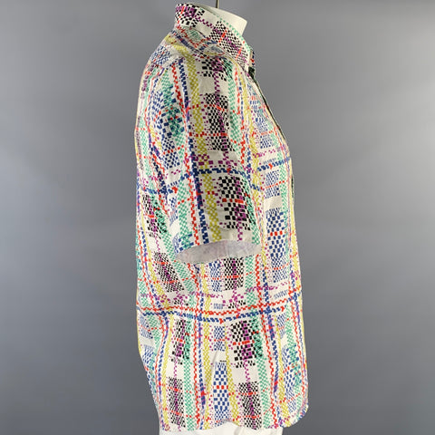JIL SANDER Size L White Multi-Color Cotton Short Sleeve Shirt