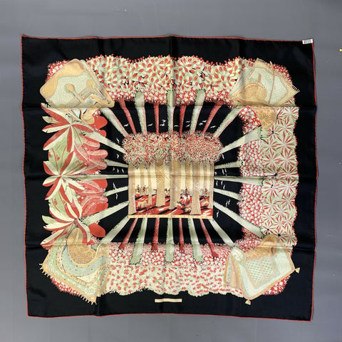 HERMES Black Multi-Color Graphic Silk Scarves