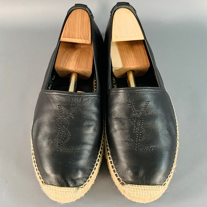 SAINT LAURENT Size 12 Black Natural Logo Leather Espadrille Sneakers