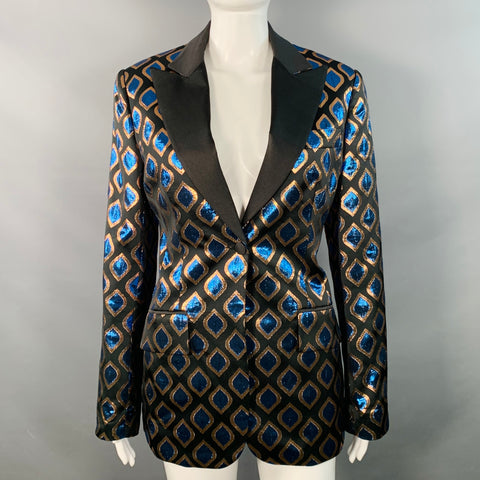 ETRO Size 8 Black Blue Metallic Geometric Peak Lapel Jacket Blazer