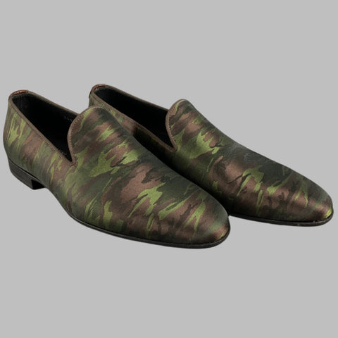 MAGNANNI Size 8 Brown Olive Camouflage Silk Slip On Loafers